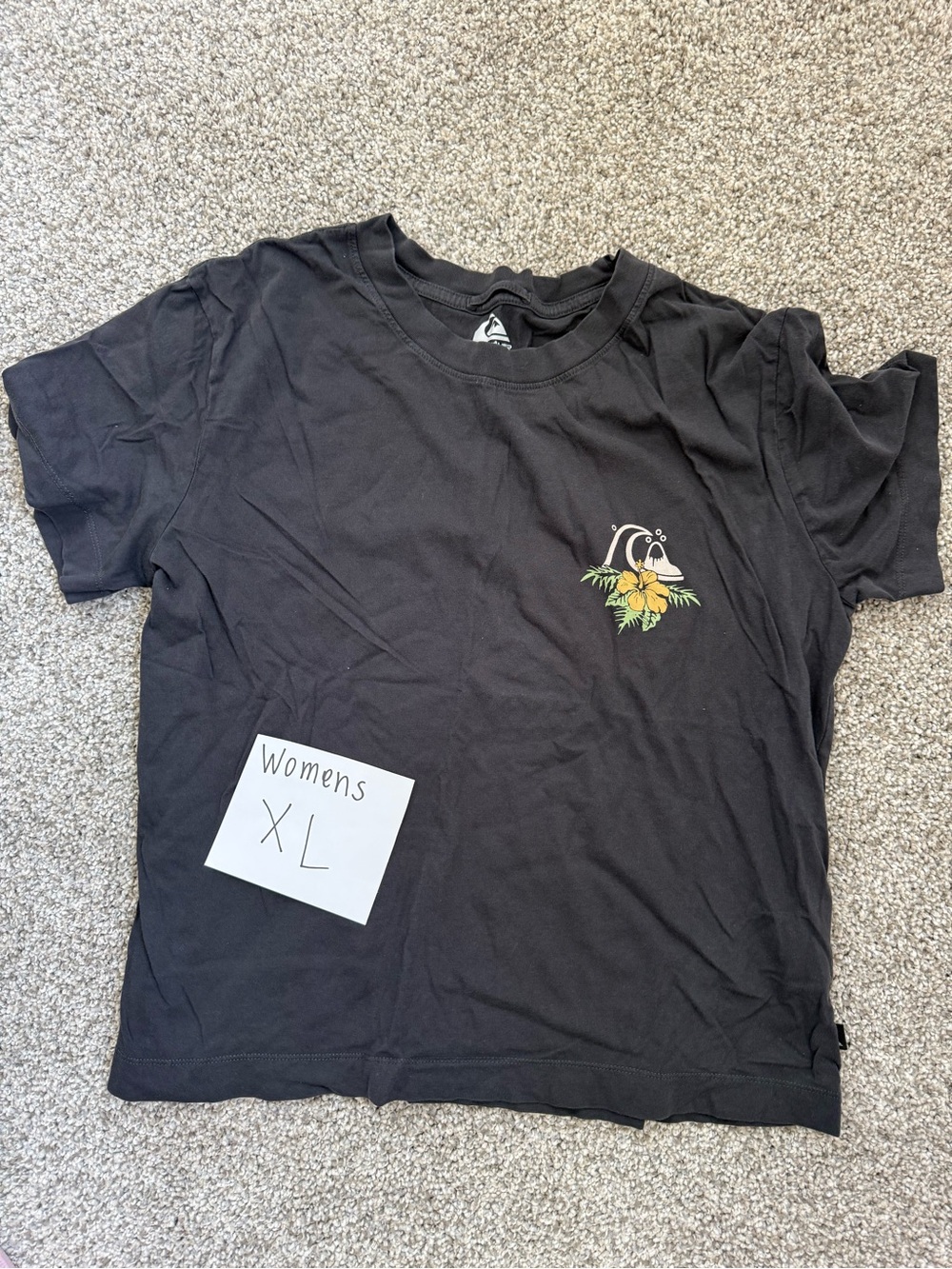 Quiksilver Black Tee with Yellow Tropical Chest Graphic